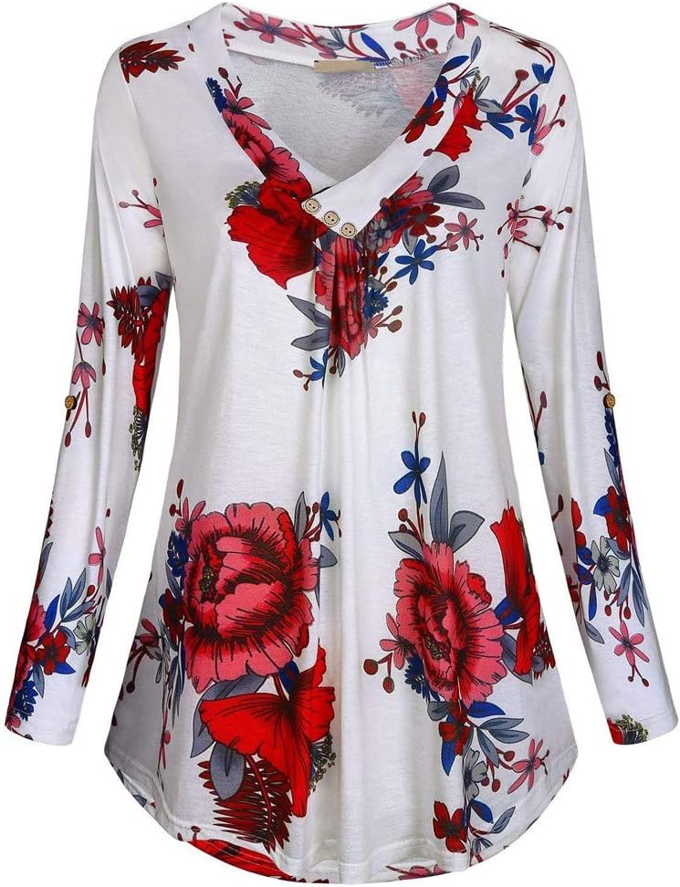 Orangeskycn Women Pullover Blouse Plus Size Flowy Long Sleeve Print V-Neck Button Shirt