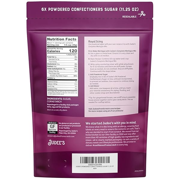 JUDEE’S 6X POWDERED CONFECTIONERS SUGAR 11.25 OZ – 100% NON-GMO, GLUTEN-FREE, AND NUT-FREE – 6X SIZE PERFECT FOR ICINGS, FROSTINGS, AND DUSTING BAKED GOODS
