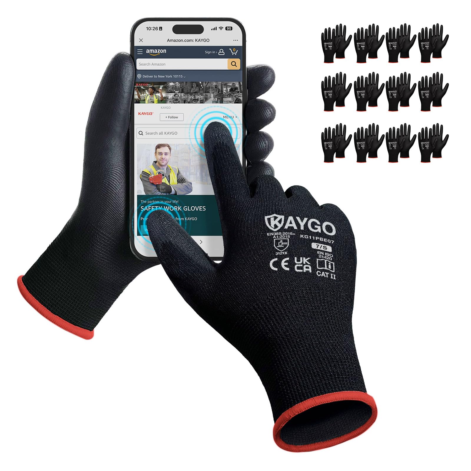 KAYGO Work Gloves PU Coated 12 Pairs Touchscreen, KG11PBE, Safety Working Gloves with Secure Grip on Palm & Fingers, for Men and Women, Ideal for General Duty Work, Gardening (Small, Black)
