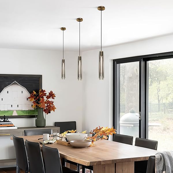 KCO LIGHTING SMOKEY CRYSTAL PENDANT LIGHT ANTIQUE BRASS GOLD HANGING LIGHT FIXTURE MID CENTURY MODERN LONG TUBE PENDANT LIGHT FOR KITCHEN ISLAND DINING ROOM BEDROOM