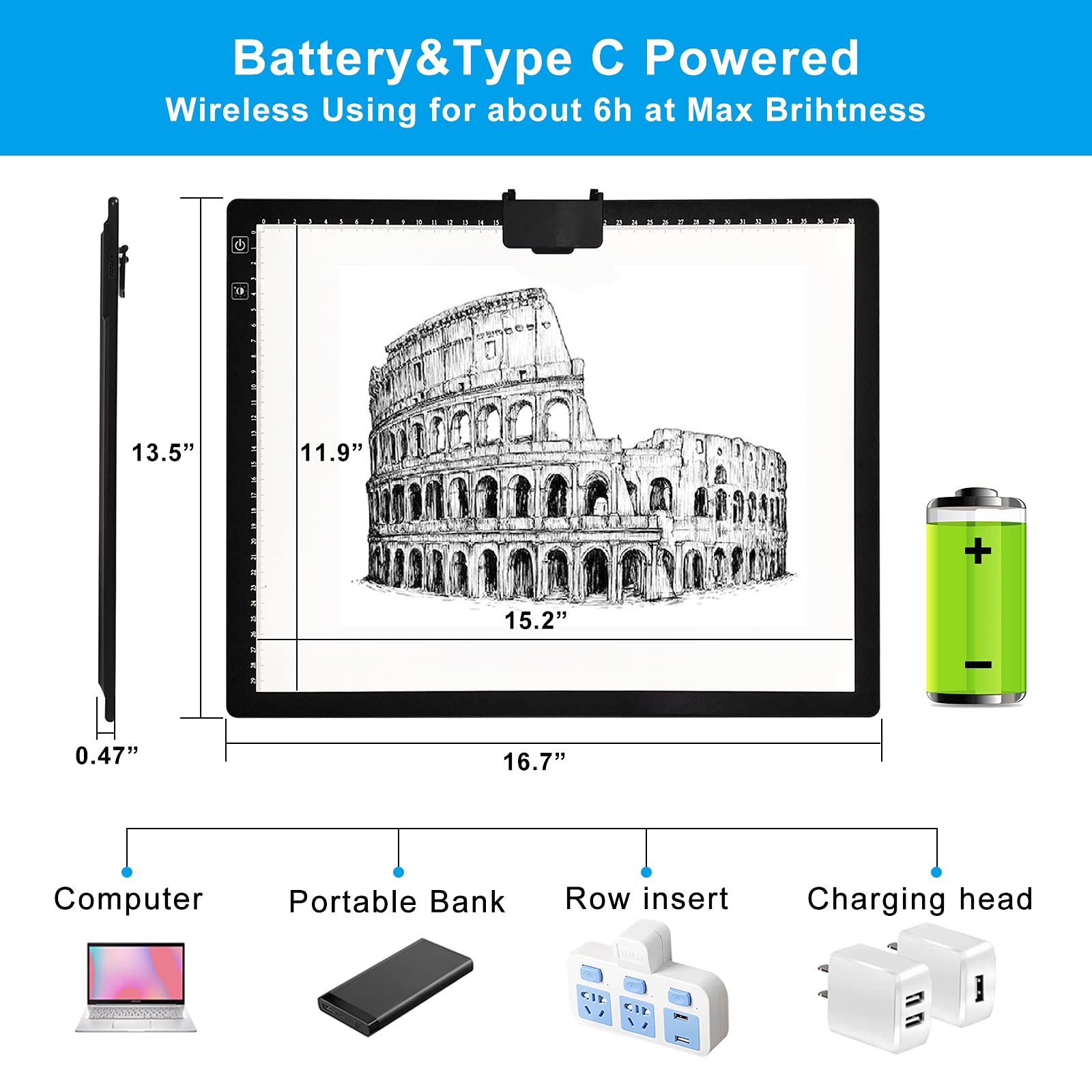 A3 LED Light Pad with Carry Bag, TOHETO Wireless Rechargeable Light Board with Stand and Top Magnetic Clip 3 Colors Stepless Dimmable 6 Levels Brightness Light Box for Diamond Painting Weeding Vinyl