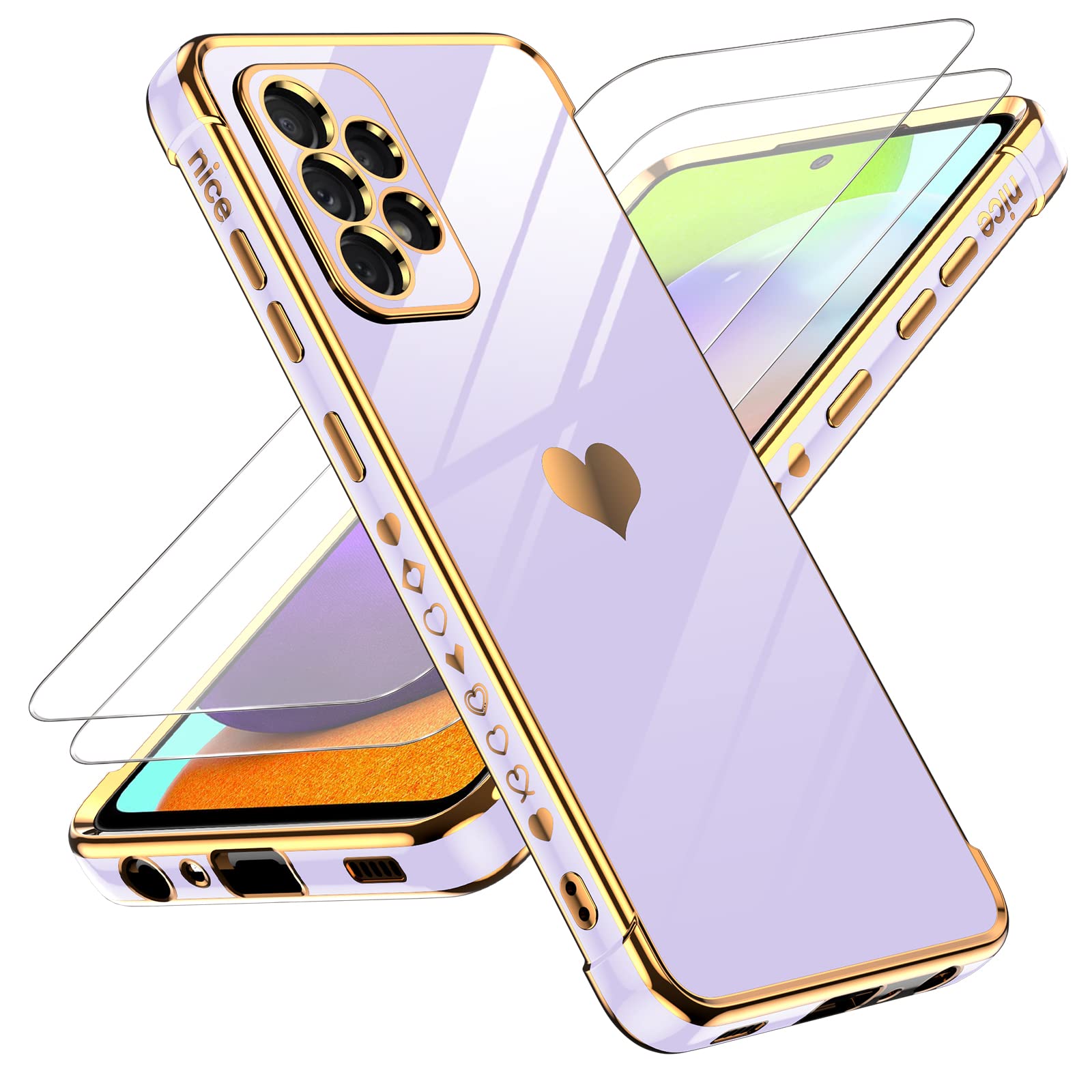 LeYi for Samsung Galaxy A52 5G Case, A52 Samsung Phone Case with Screen Protector [2 Pcs] + Full Camera Protection, Love Heart Plating Girly Women Soft TPU Case for Samsung A52, Purple