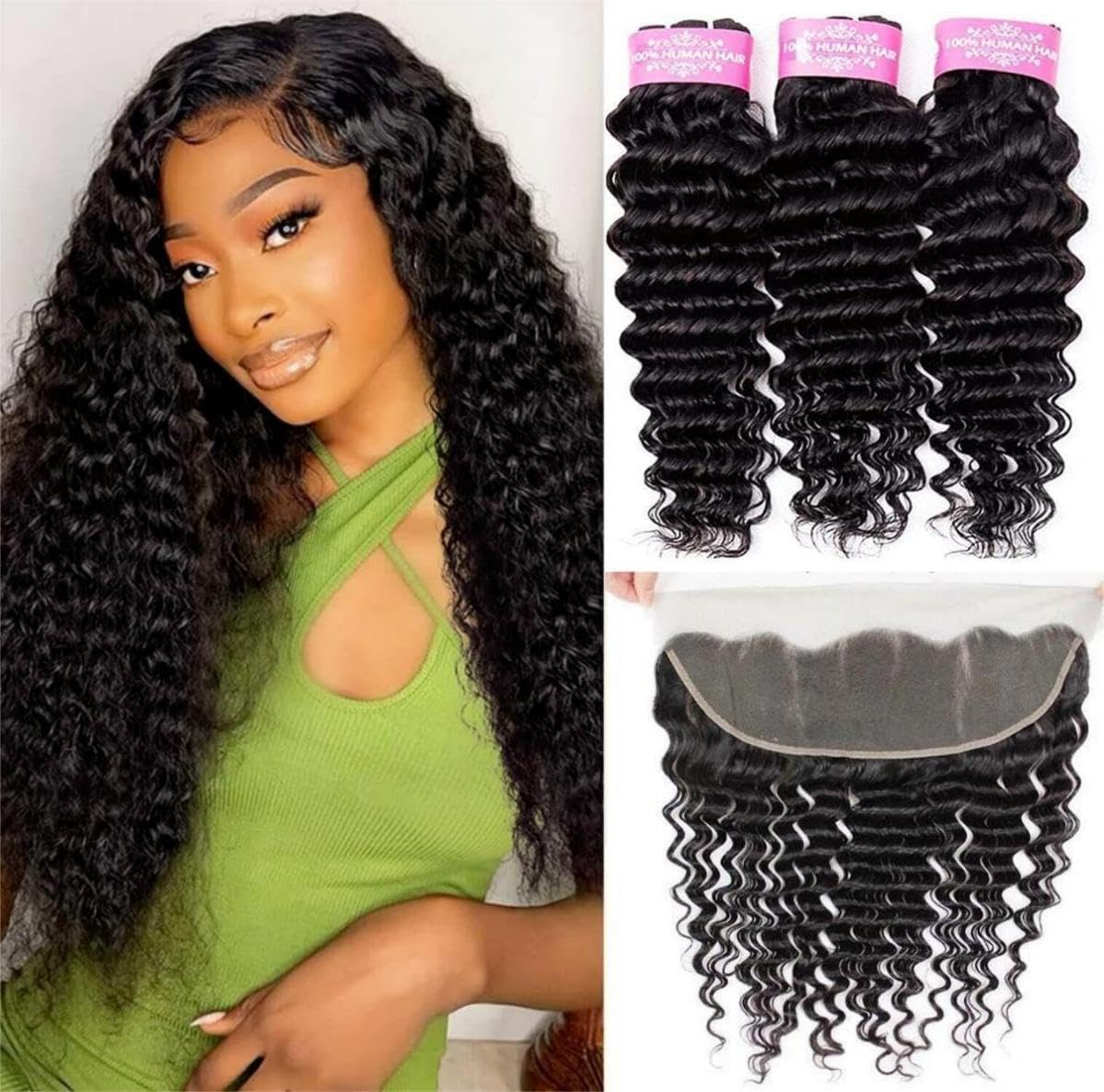Sexycat Deep Curly Bundles with 13x4 HD Lace Frontal Human Hair 14 16 18+12 Inch 100% Unprocessed Brazilian Virgin Hair Extensions Water Wave Weave Bundles with Lace Frontal — image 1