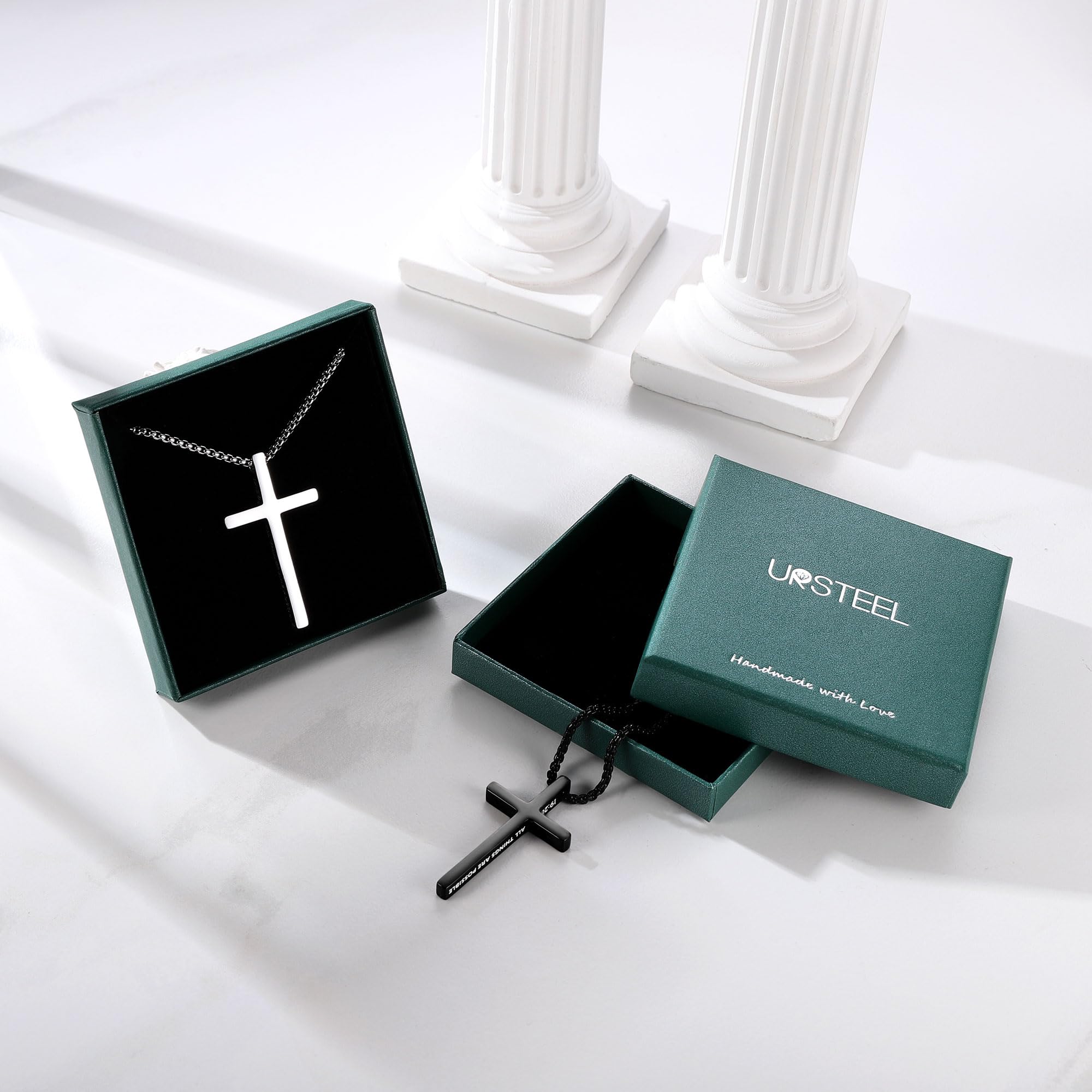 Ursteel 2 Pcs Black Silver Cross Necklace for Men - Inspirational Bible Verse Cross Chain for Men Stainless Steel Cross Pendant Necklace for Men Teen Boys Religious Christian Gifts, 18-24 Inches