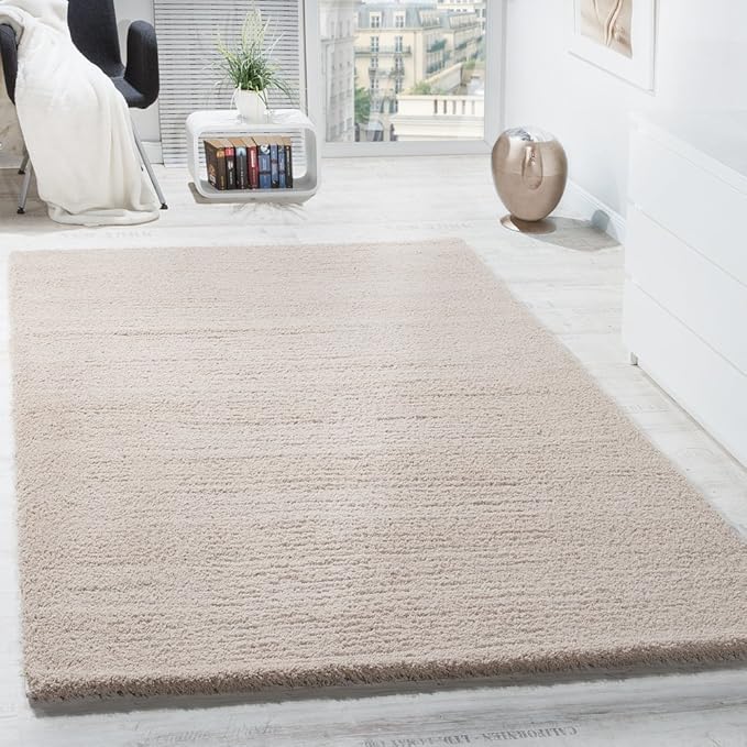 Paco Home Shaggy Teppich Micro Polyester Wohnzimmer Teppiche Elegant Hochflor Hellbeige, Grösse:160x220 cm