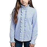 Noomelfish Girls Ruffle Button Down Uniform Dress Shirts Kids Plaid Western Long Sleeve Blouse Tops (5-14 Years)