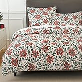 DAUAOTO Holiday King Size Duvet Cover Set - 104"x90" Cover + 2 Shams, 100% Cotton Bedding Sets Farmhouse, Christmas Flower Pattern