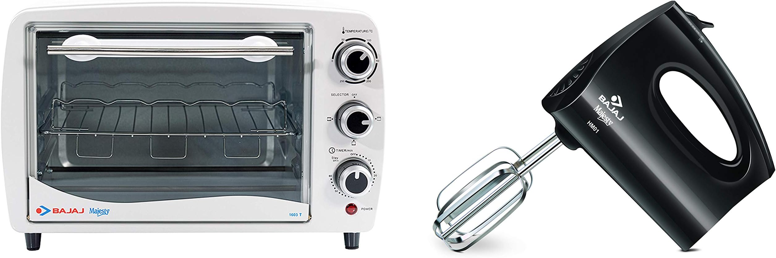 Bajaj Majesty 1603 T 16-Litre Oven Toaster Grill (White) & HM 01 250-Watt Hand Mixer (Black) Combo