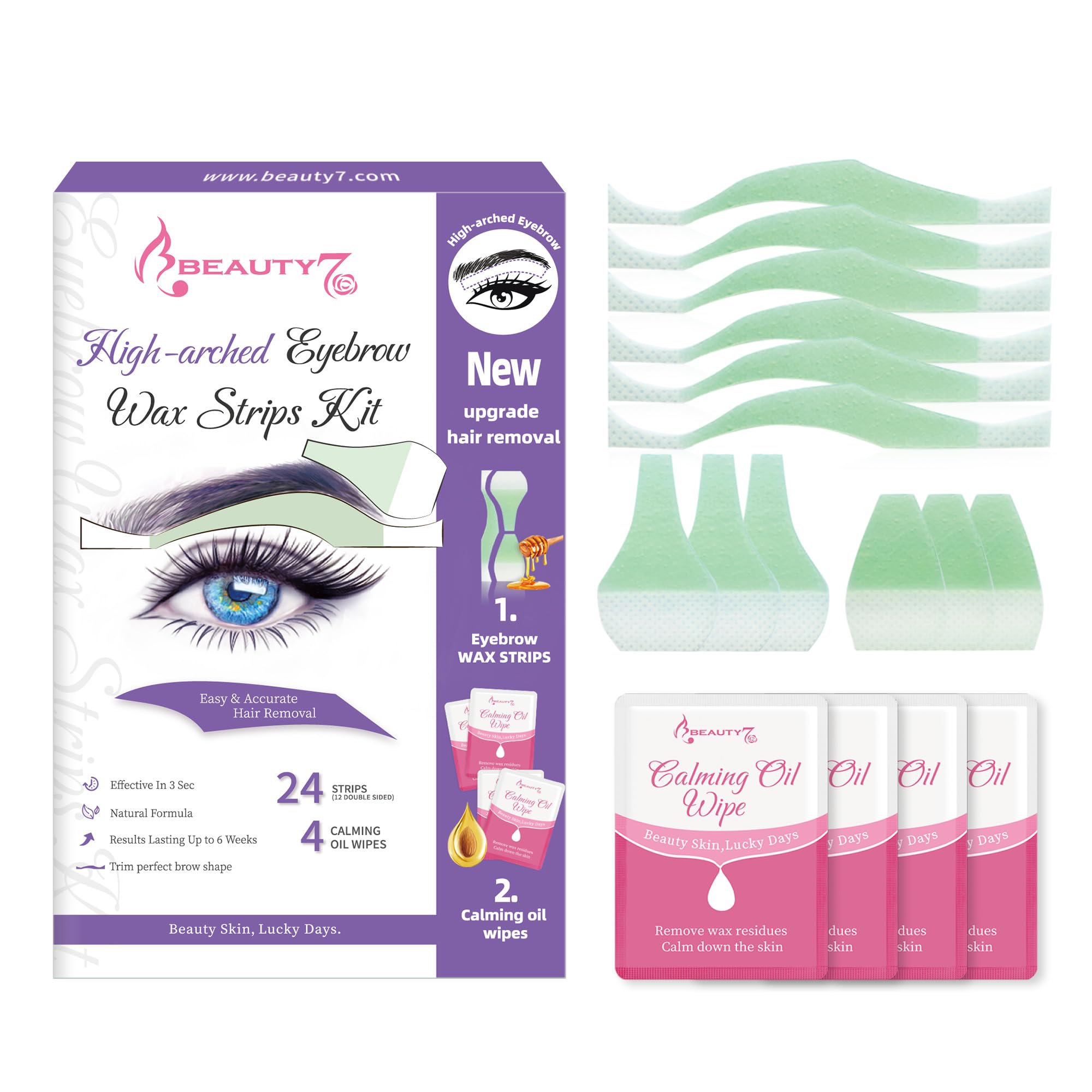Beauty7 Eyebrow Waxing Strips, Form High-arched Eyebrow Strips Pre-cut for Face, 24 Eyebrow Strips with 4 Cleaner Oil Wipes, Cold Wax Strips Facial Hair Removal