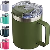 ALOUFEA 12oz Insulated Coffee Mug Cup with Handle, Stainless Steel Travel Coffee Mug with Flip Lid, Double Wall Vacuum Coffee Tumbler, ArmyGreen
