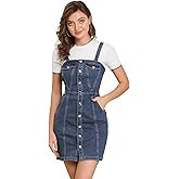 Allegra K Women's Button Front Classic Adjustable Strap Overall Denim MIni Dress