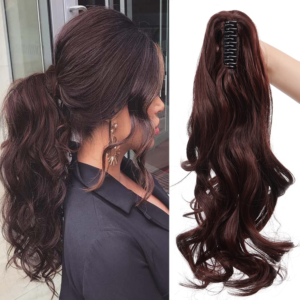 Claw On Ponytail Extension Matte Material 18 Inch/45cm Curly Wavy Clip In Pony tail Synthetic Hairpiece, Wine Red