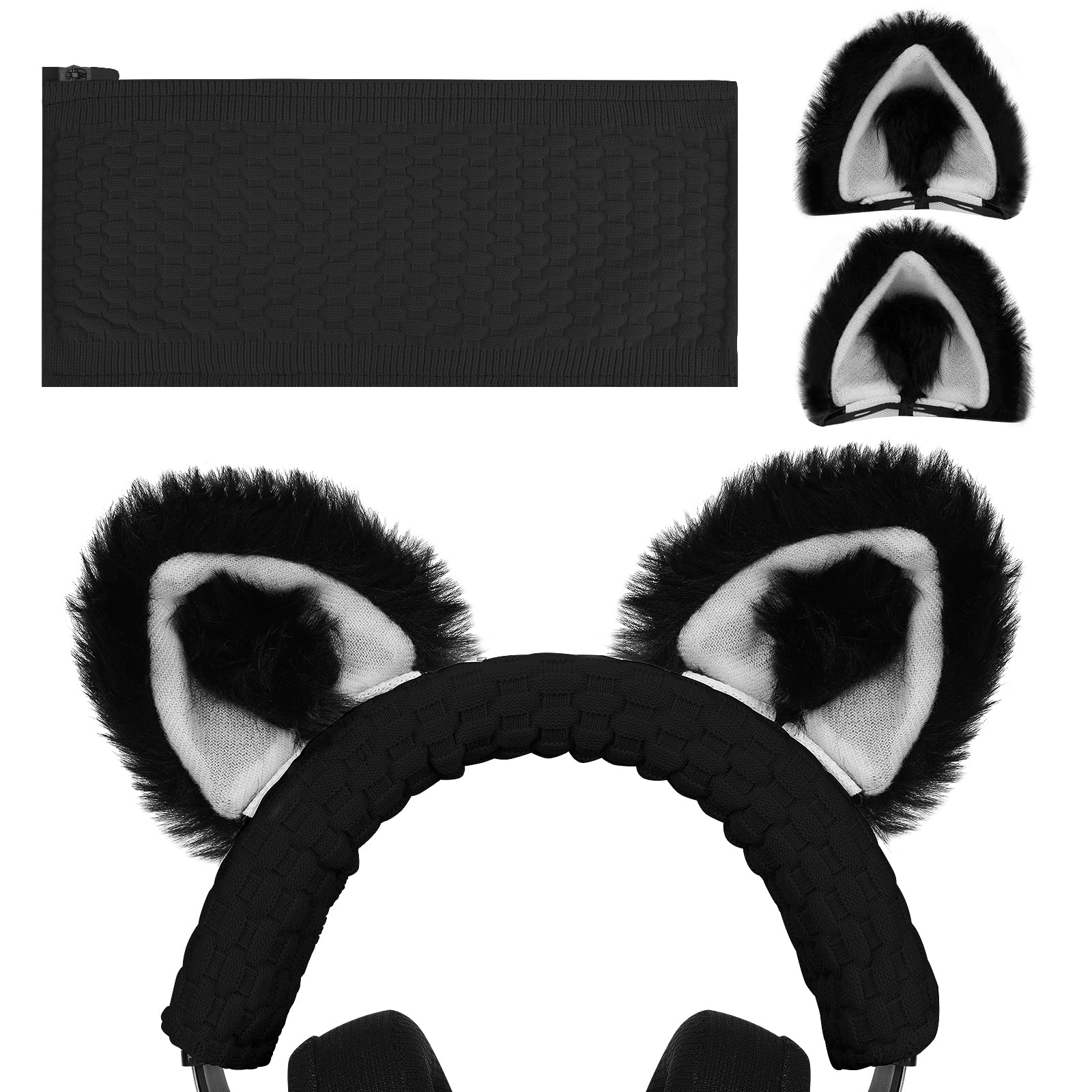 Geekria NOVA Knit Fabric Headband Cover and Cat Ears Attachment Set Compatible with Razer Kraken 7.1 v2, Sony MDR1ABT, MDR1AM2 Headphones (Black/White)