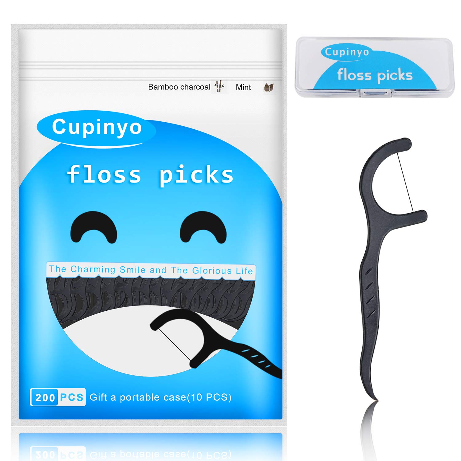 Cupinyo Dental Floss Sticks - 200pcs Mint - Charcoal Toothpicks, Dental Floss Picks, Portable Box