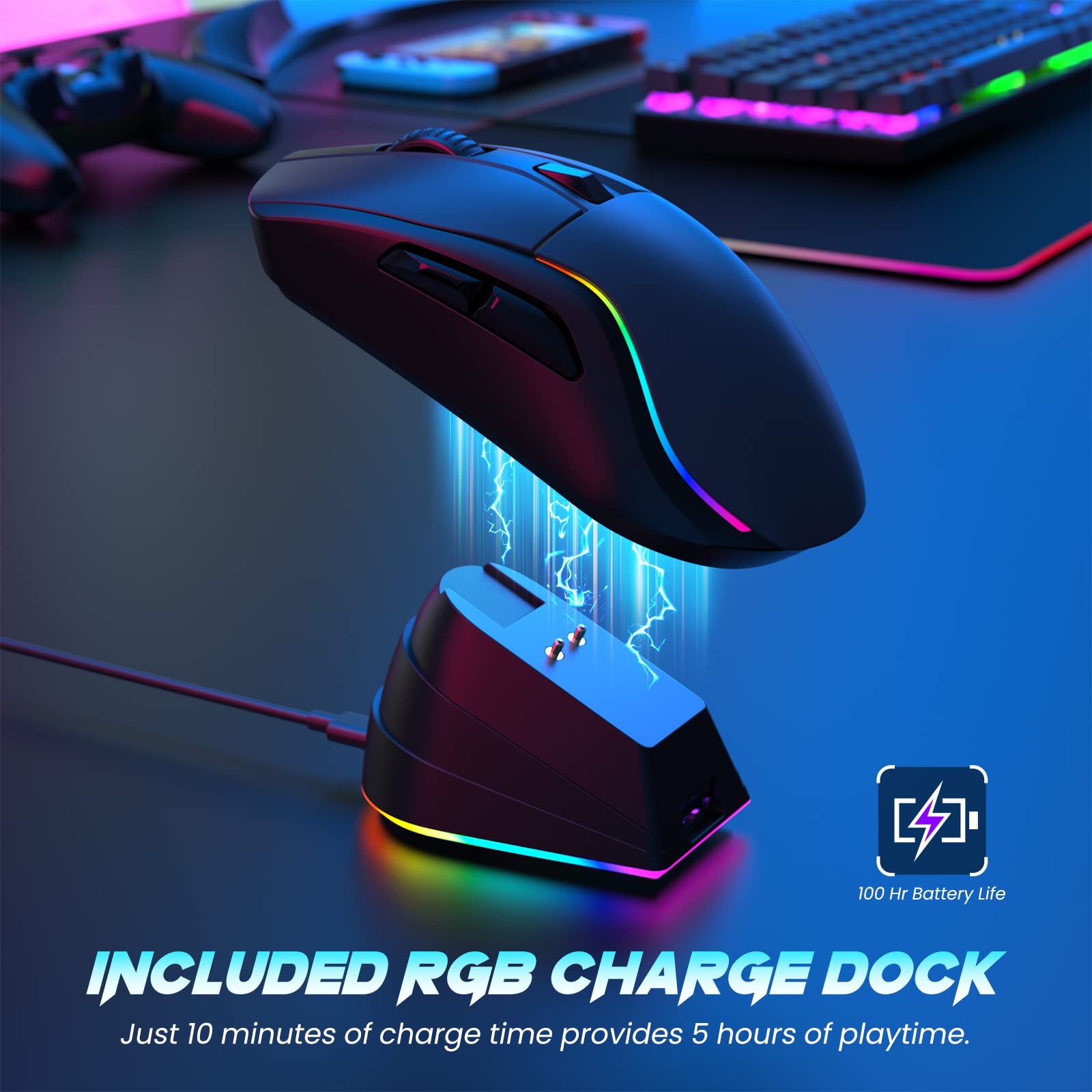 RisoPhy Lightweight Wireless Gaming Mouse, 20000 DPI Wired/Wireless Mouse with RGB Charging Dock, 6 Programmable Buttons, RGB Bluetooth Mouse for PC/Mac/Laptop Gamer-Black