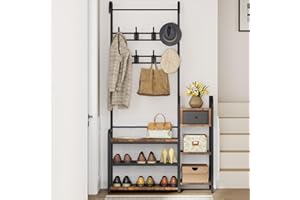 Garvee 5-in-1 Entryway Hall Tree with Shoe Storage Bench, Coat Rack with Bench – Shoe Rack with 8 Hooks, Hanging Rod, Storage