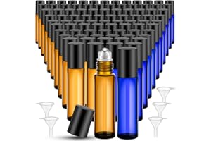 SEEWEY 96 Pcs Essential Oil Roller Bottles 10ml Empty Glass Roller Bottles with Stainless Steel Roller Balls Protection Leakproof with 5 Funnel for Travel Perfume Lip Gloss (Amber, Blue)
