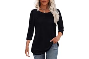 WIHOLL Womens Tops 3/4 Length Sleeve Blouses Dressy Casual Spring Summer Outfits Pleated Front T Shirts Curved Hem
