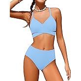 Doumlop Girls Swimsuit Bikini Set,Criss Cross Bathing Suits for Girl Two Piece Solid Color Girls' Swimwear for 7-16 Years