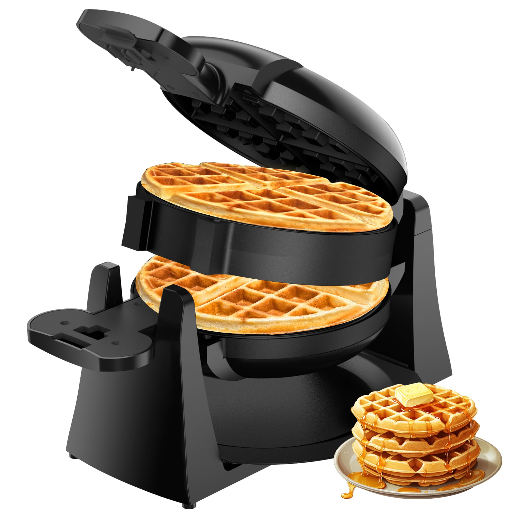 Photo 1 of Waffle Maker, 1400W Double Belgian Waffle Iron 180° Flip, 8 Slices, Rotating & Nonstick Plates, Removable Drip Tray for Easy Cleaning, Cool Touch Handles, Space Saving Storage, Black