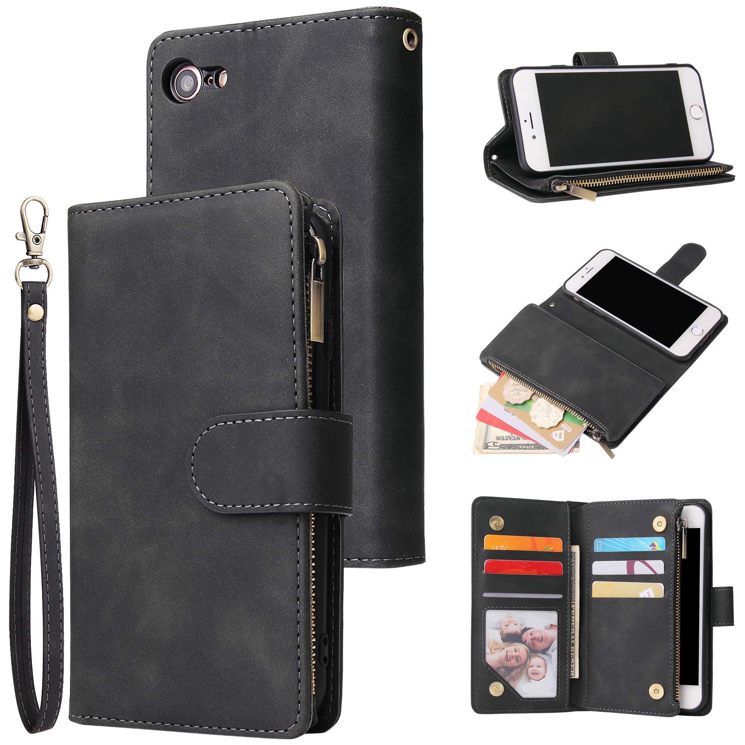 UEEBAI Wallet Case for iPhone 7/8/SE 2022 5G/SE 2020, Premium PU Leather Magnetic Handbag Zipper Case Kickstand Card Slots Wrist Strap Flip Cover for iPhone SE3/SE2 - Black