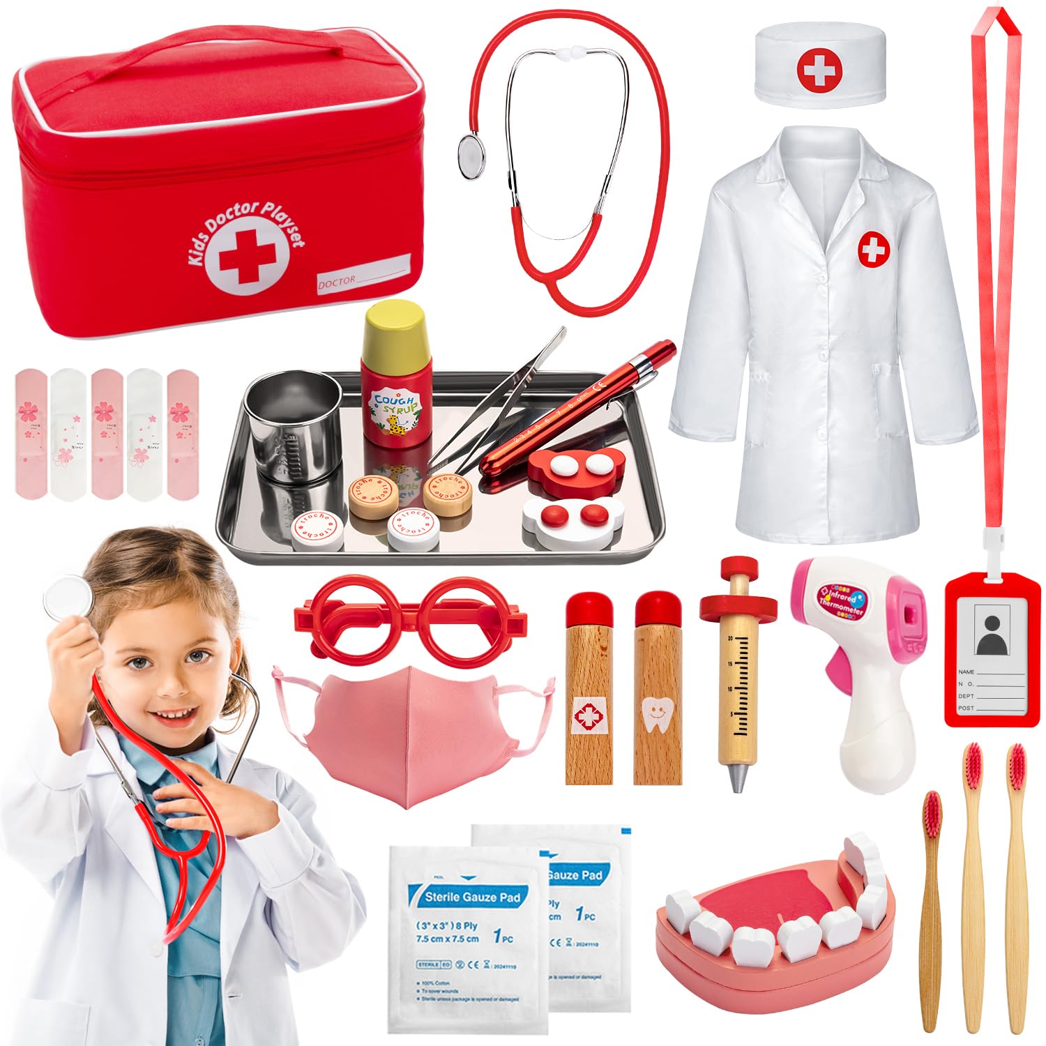 Sundaymot Doctors Set for Kids, 32 PCS Role Play Doctors Case, Children's Wooden Play Set, Dentist Wood with Real Stethoscope, Thermometer, Dental Case, Red Medical Toy Gift for Girls Boys 3 4 5 Years