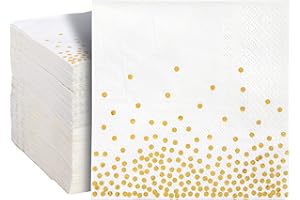 100 Pack Disposable White and Gold Paper Cocktail Napkins for Wedding Reception, Polka Dot Party Supplies (5 x 5 in)