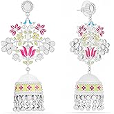 Navicia Color Blast Floral Flock Brass Dangle Jhumka Earrings, Colorful Nature Inspired Designs