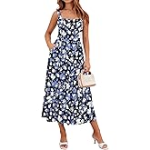 YATHON Women's Summer Floral Midi Dress Casual Square Neck Flowy Wedding Guest Dresses Beach Vacation Sundress with Pocket
