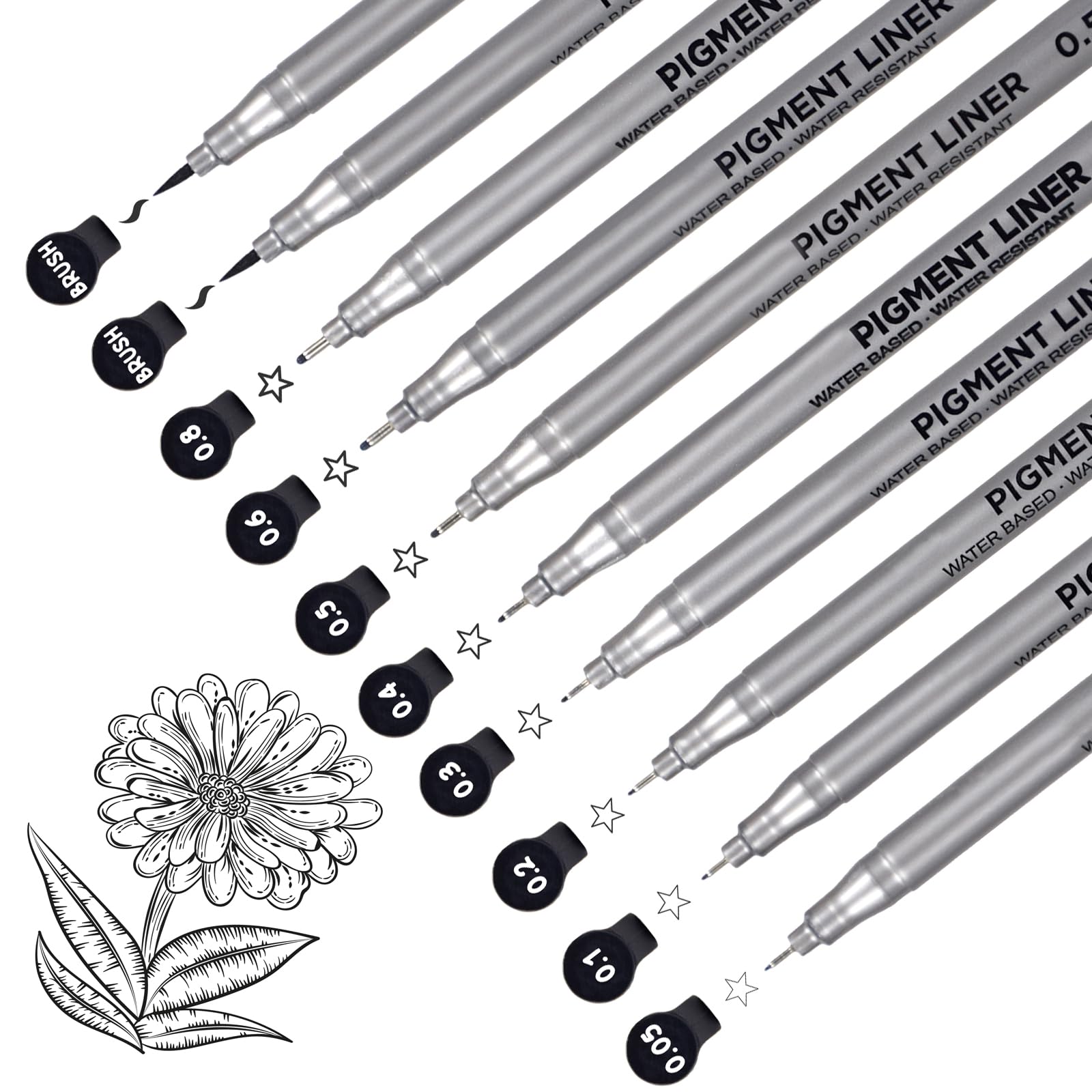Marte Vanci Black Drawing Pens, Fineliner Pens Micro Fine Liner, Fine Point & Brush Tip, Art Set for Technical Drawing Writing Sketching Illustration Manga Anime Artist Supplies 10 Pack