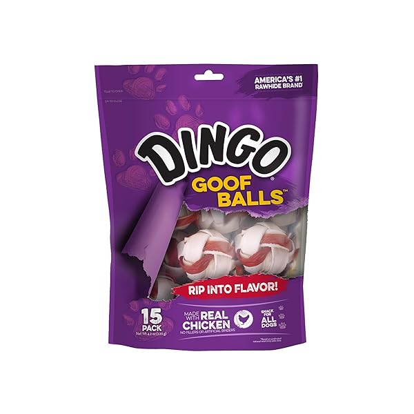 DINGO GOOF BALLS 15 COUNT, PREMIUM RAWHIDE TREATS FOR SMALL DOGS, MADE WITH REAL CHICKEN 15-COUNT