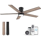 52In Smart Low Profile Ceiling Fans with Lights Remote,Outdoor Indoor Flush Mount Ceiling Fans,Controll by Voice WIFI Alexa App,Quiet DC Motor,Modern Black Walnut Fan for Bedroom Living Room Patio
