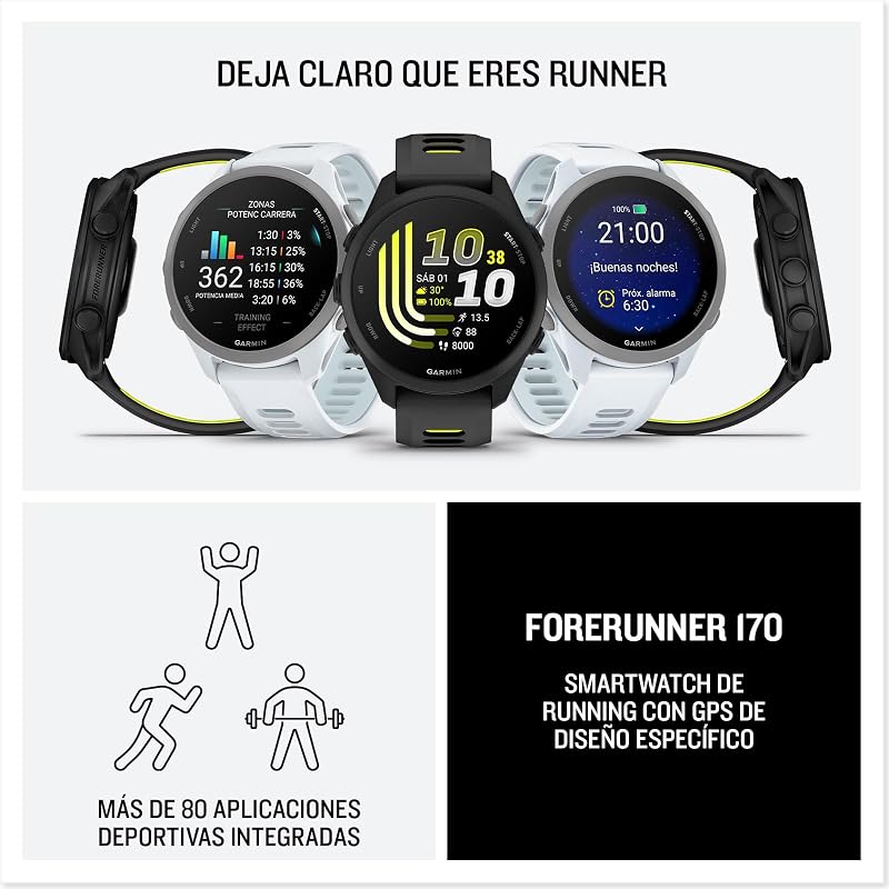Forerunner 170 Reloj Inteligente para Correr con GPS, Pantalla Táctil AMOLED, Métricas Optimizadas, Planes y Estado del Entrenamiento, Estado de Salud, Pay, Autonomía de 10 Días, Blanco