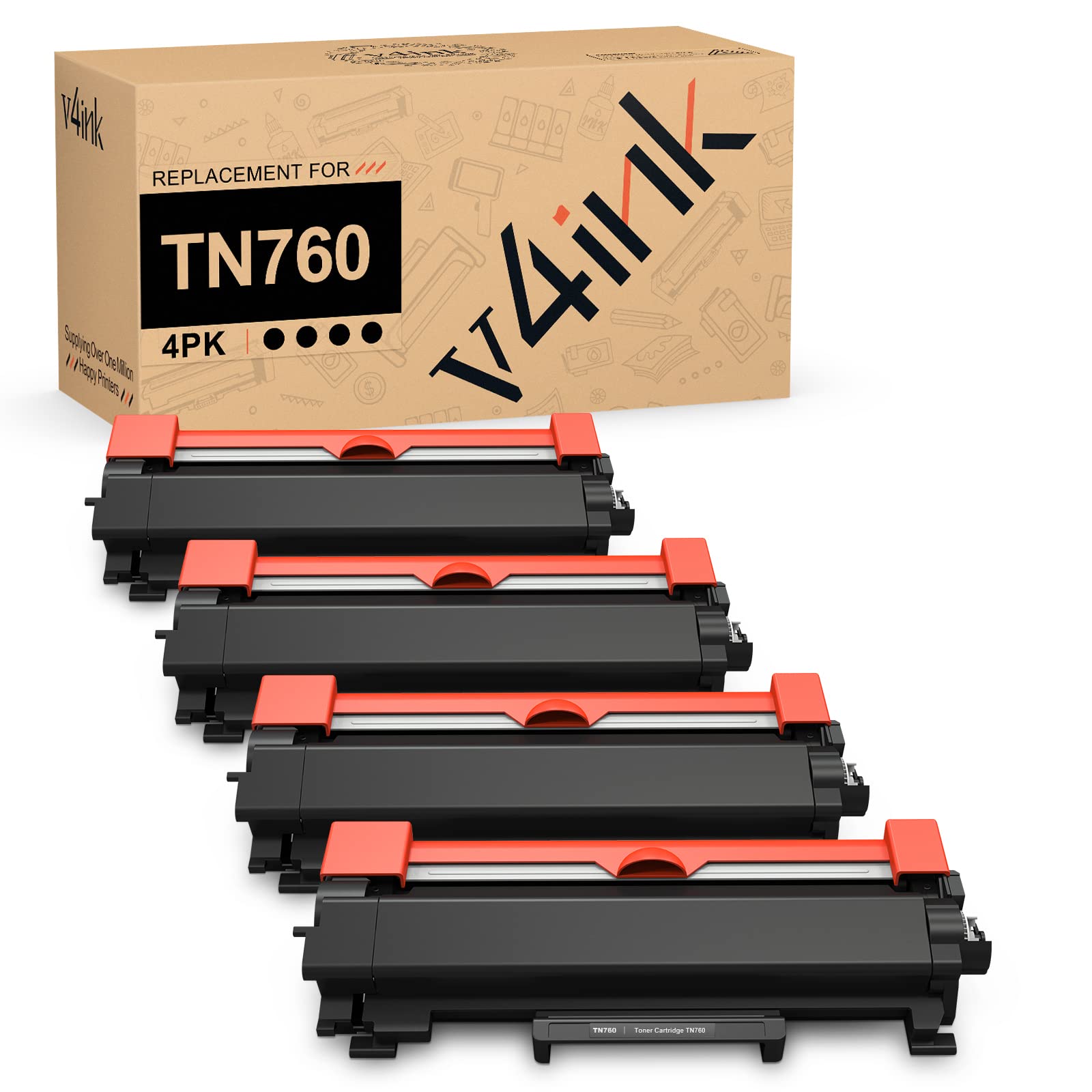 Photo 1 of v4ink 4PK Compatible TN760 Toner Replacement for Brother TN760 TN-760 TN730 TN770 Toner Cartridge for Brother HL-L2350DW HL-L2390DW HL-L2395DW HL-L2370DW MFC-L2710DW MFC-L2750DW DCP-L2550DW Printer