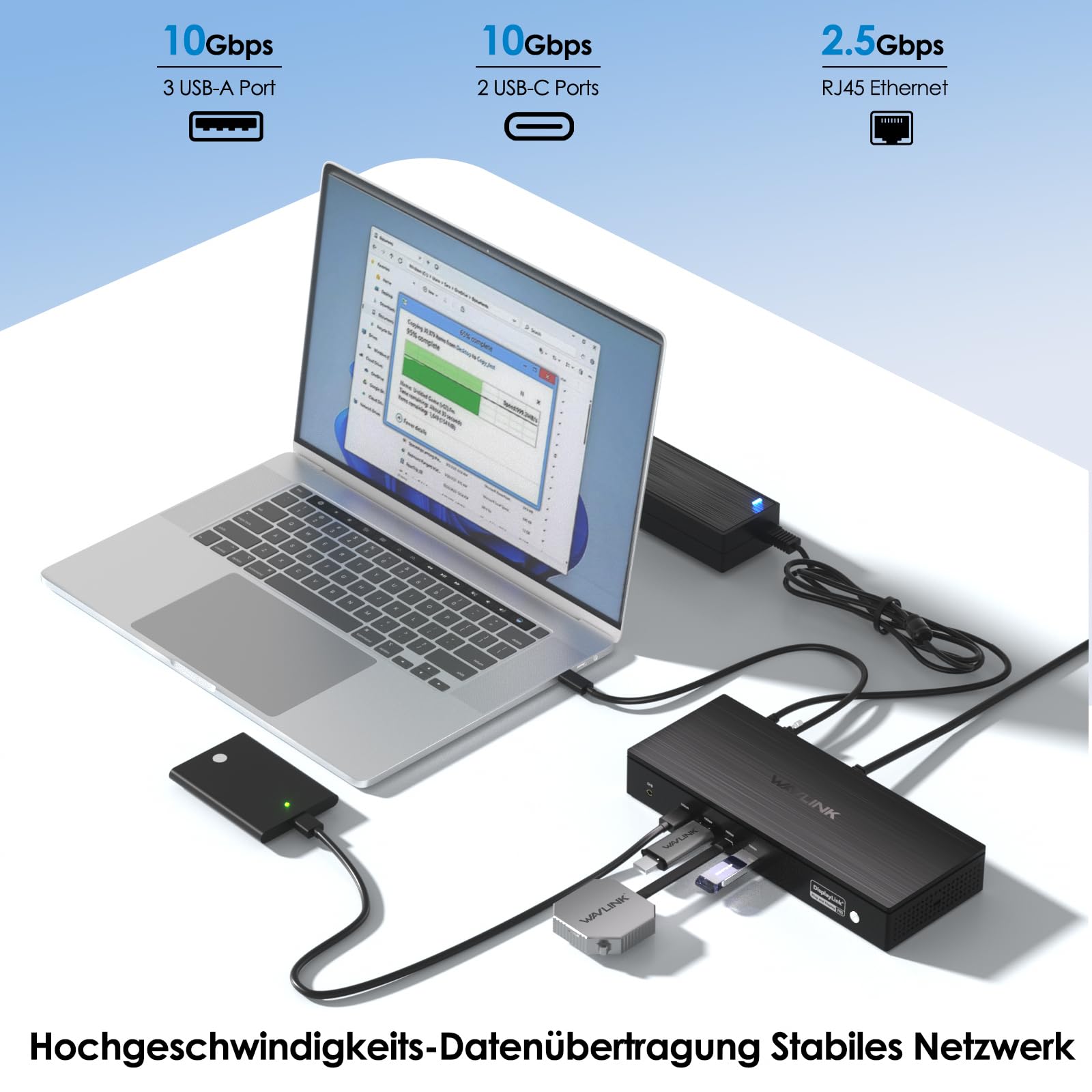WAVLINK DisplayLink Docking Station,Universelle Docking Station Dual 8K@60Hz,Quintuple 4K mit 3*HDMI + 2*DP, 130W Ladegerät,USB-A/C 10 Gb,2.5G Ethernet, Audio/Mikrofon für M1 M2 M3 M4 Mac/Windows 6