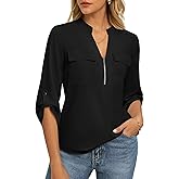 Womens Business Casual Tops,3/4 Sleeve Henley Shirts with Zip Up,Office Work Blouses Lightweight Summer