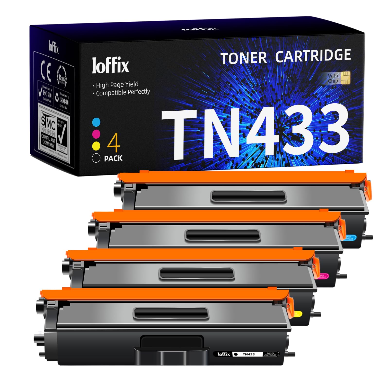 Photo 1 of Ioffix TN433 TN-433 Toner Cartridges Replacement for Brother TN433 TN-431 TN431 Toner Use with MFC-L8900Cdw HL-L8360Cdw HL-L8260Cdw MFC-L8610Cdw HL-L8360Cdwt Printer (4 Pack)