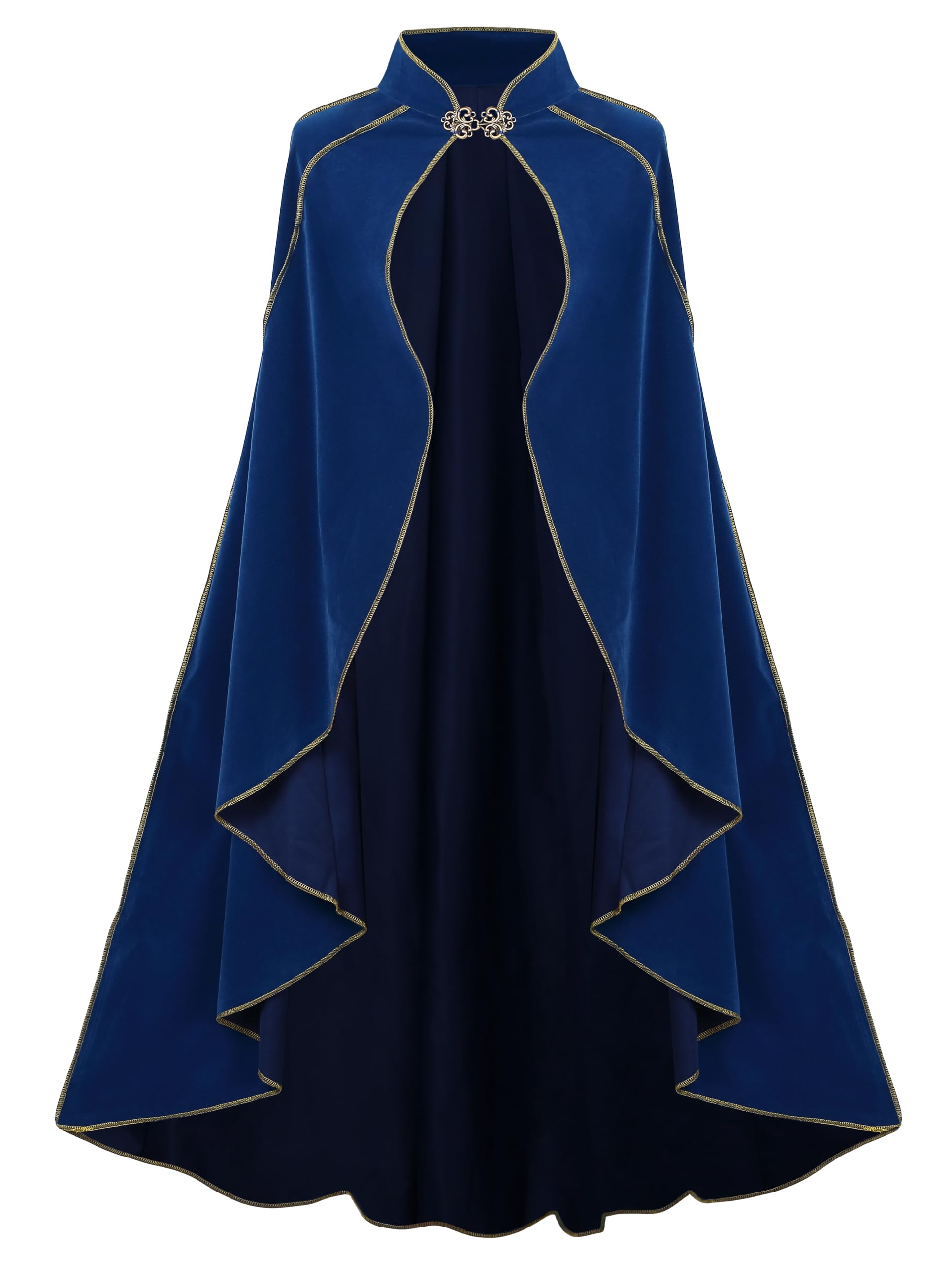 DELIVESS Women's Medieval Renaissance Velvet Cape Stand Collar Gold Trim Cloak for Adults, Halloween Cosplay LARP Party Festival Costume(51.18", Royal Blue)