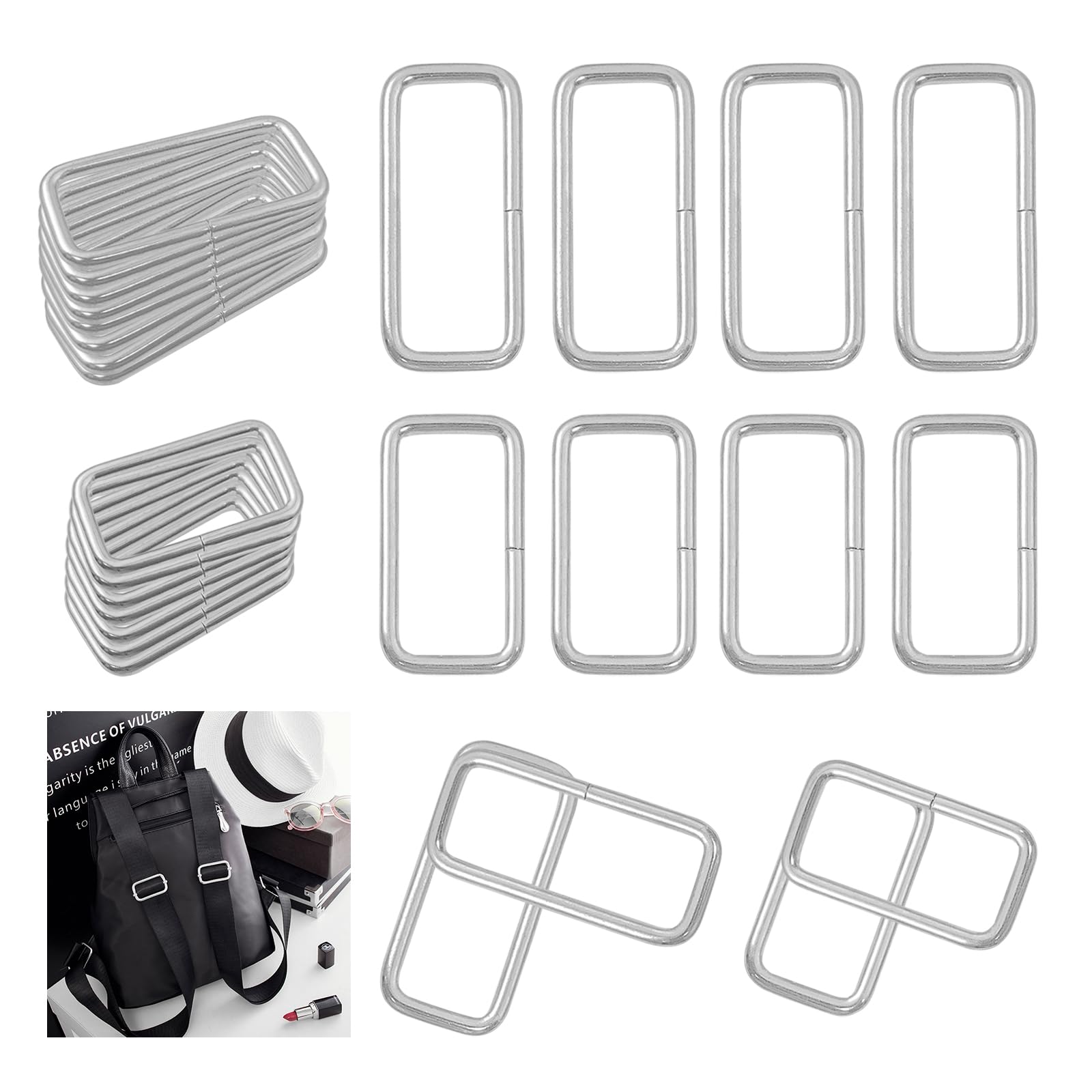 BuxiuGK 40 Piece Metal Square Buckles Rectangle Metal Ring 32 mm 38 mm Width for Bag or Purse Webbing - Silver