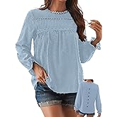 Falechay Womens Boho Tops Long Sleeve Shirts For Women Cute Crewneck Blouse Dressy Casual Swiss Dot Crochet Hollow Top 2026