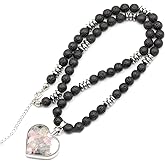 ElisaJewelryArt - Natural Cherry Quartz Heart Pendant Black Lava Stone Beaded Necklace Genuine Gemstone Balance Stone Clasp Closure Necklace Unisex Necklace