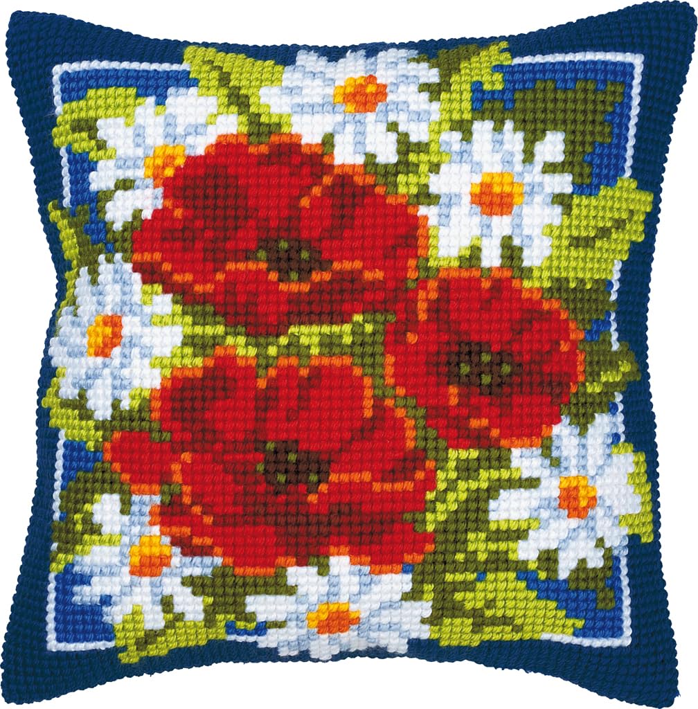 Vervaco Poppies in Blue Background Cross Stitch Cushion, Multi-Colour