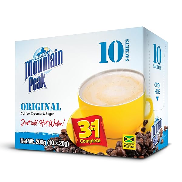 JAMAICA MOUNTAIN PEAK ORIGINAL 3 IN 1 INSTANT COFFEE MIX, COFFEE CREAMER AND CANE SUGAR (10 SACHETS X 20G), CLASSIC SMOOTH FLAVOR, RICH AND CREAMY, JUST ADD WATER