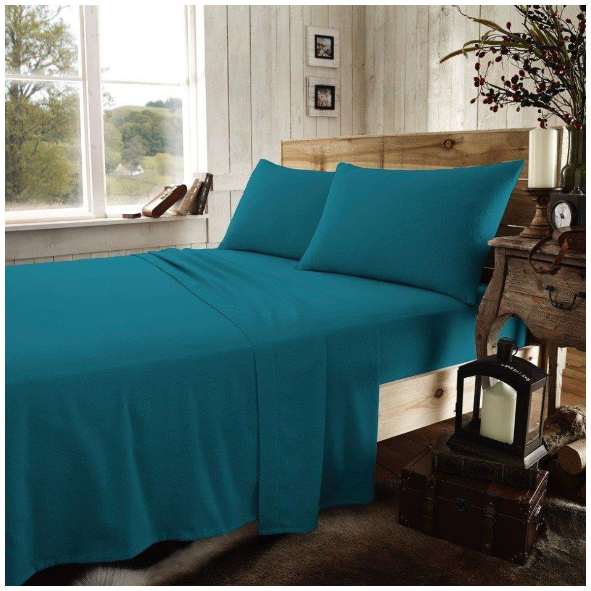 GC GAVENO CAVAILIA Easy Care Flannel Plain Dyed Duvet Cover, Super Soft, Comfy & Warm Flat Bedsheets, Cotton, Teal-Fitted Sheet, Single Fitted Sheet