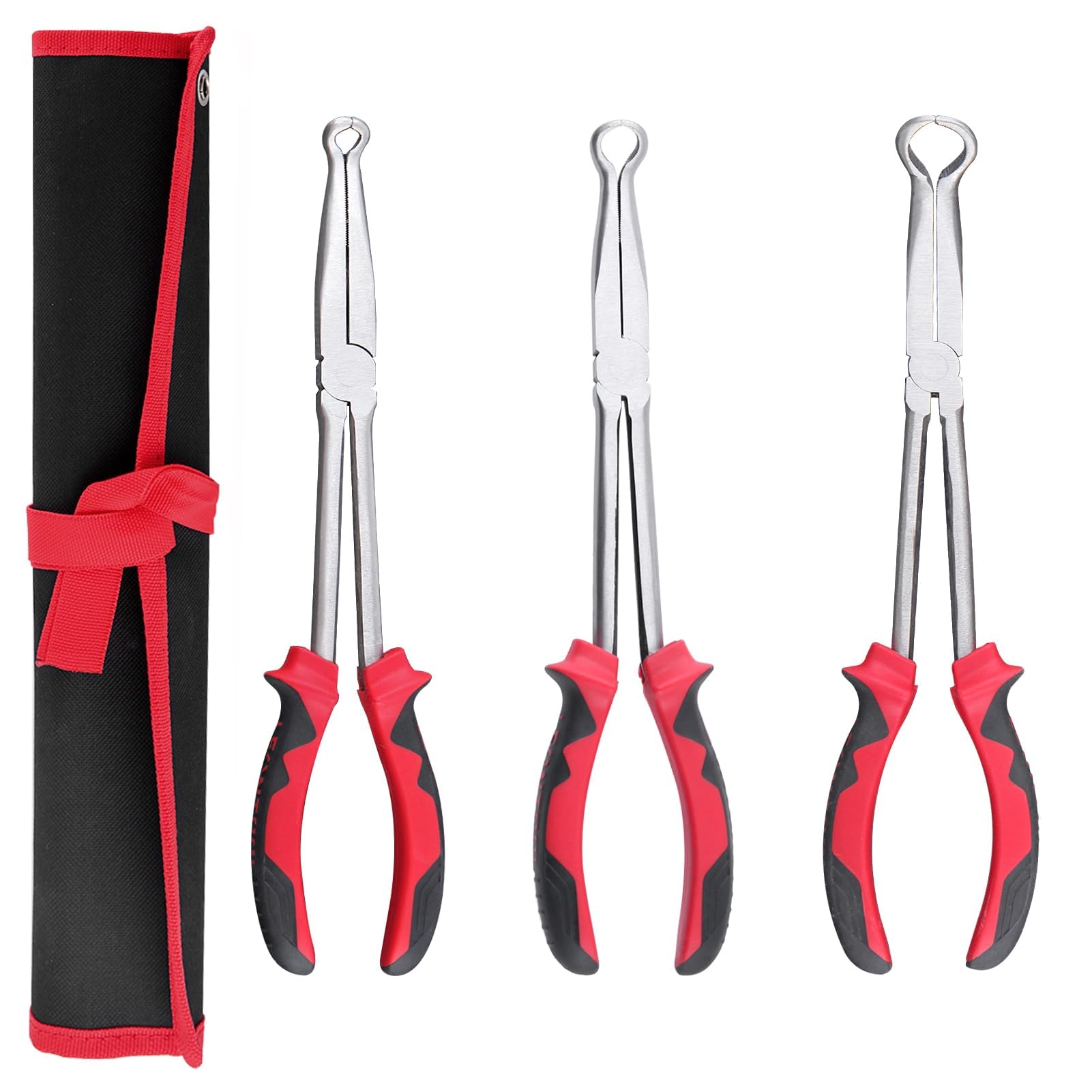 LEONTOOL 3PCS 11 Inches Long Reach Hose Grip Pliers Set, 3/8", 1/2", 3/4" Dia Offset Spark Plug Boot Removal, Ring Nose with Serrated Jaw, Automotive Hose Gripper for Narrow Spaces