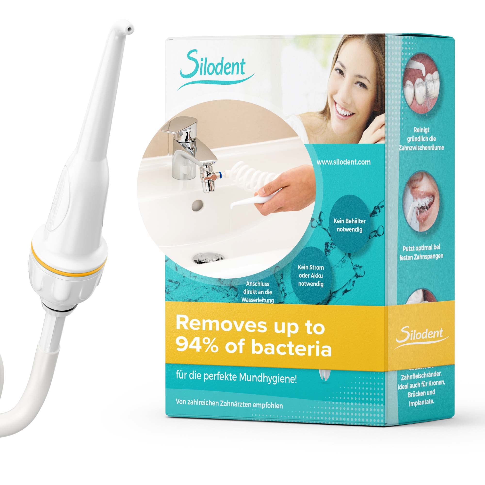 Silodent Oral Irrigator. Sustainable Mouth Irrigator for the Tap. Small, Wireless Travel Mouth Irrigator Without Electricity. Dental Irrigator for Cleaning the Spaces Between Teeth