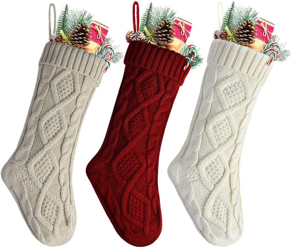Stockings & Holders - Kunyida 18 Inches Burgundy, Ivory, Khaki Knitted Christmas Stockings,3 Pack