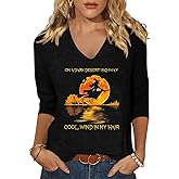 Women's Fall Halloween 3/4 Sleeve V Neck Shirt Vintage Hocus Focus Graphic Tee Funny Family Party Matching Holiday Tops