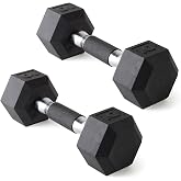 CAP Rubber Coated Dumbbell Weights, Free Weights for Home Gym Strength Training, Anti-Roll Hex Dumbbells with Black, Chrome &amp; Comfort Grip Handles, Pairs &amp; Sets