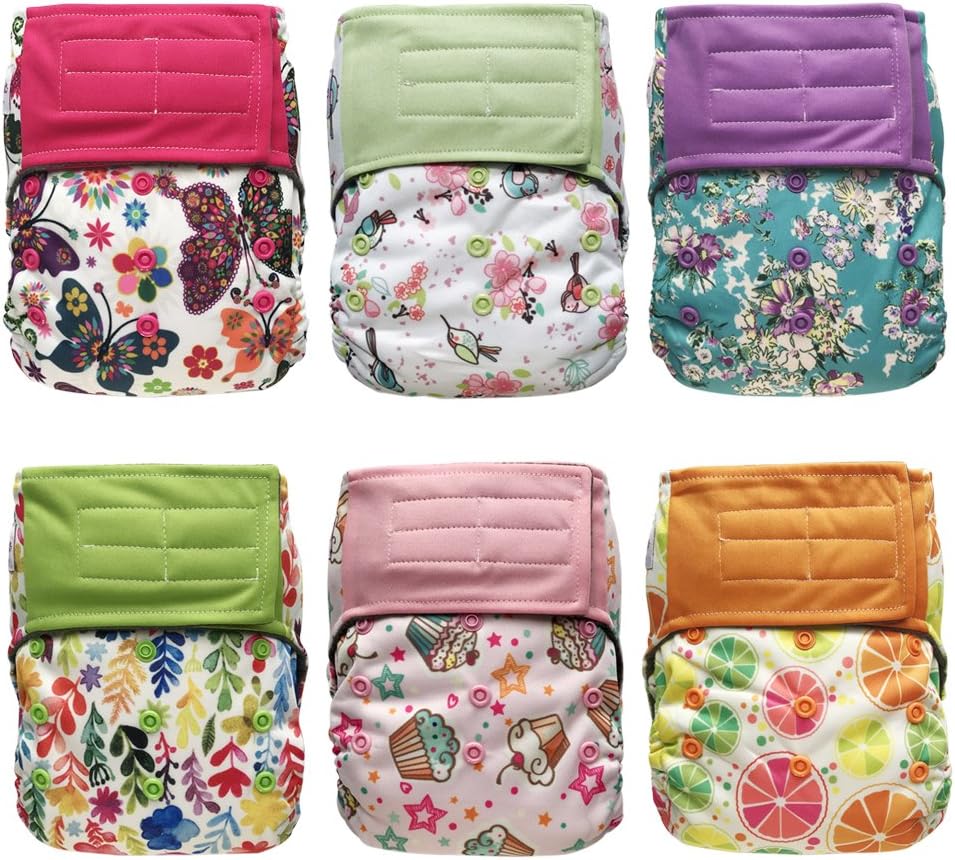 Hook-and-Loop All-in-one AIO Cloth Diapers w/ Pocket, Charcoal Bamboo, 6-pack Bundle + 6 Inserts (Girl)